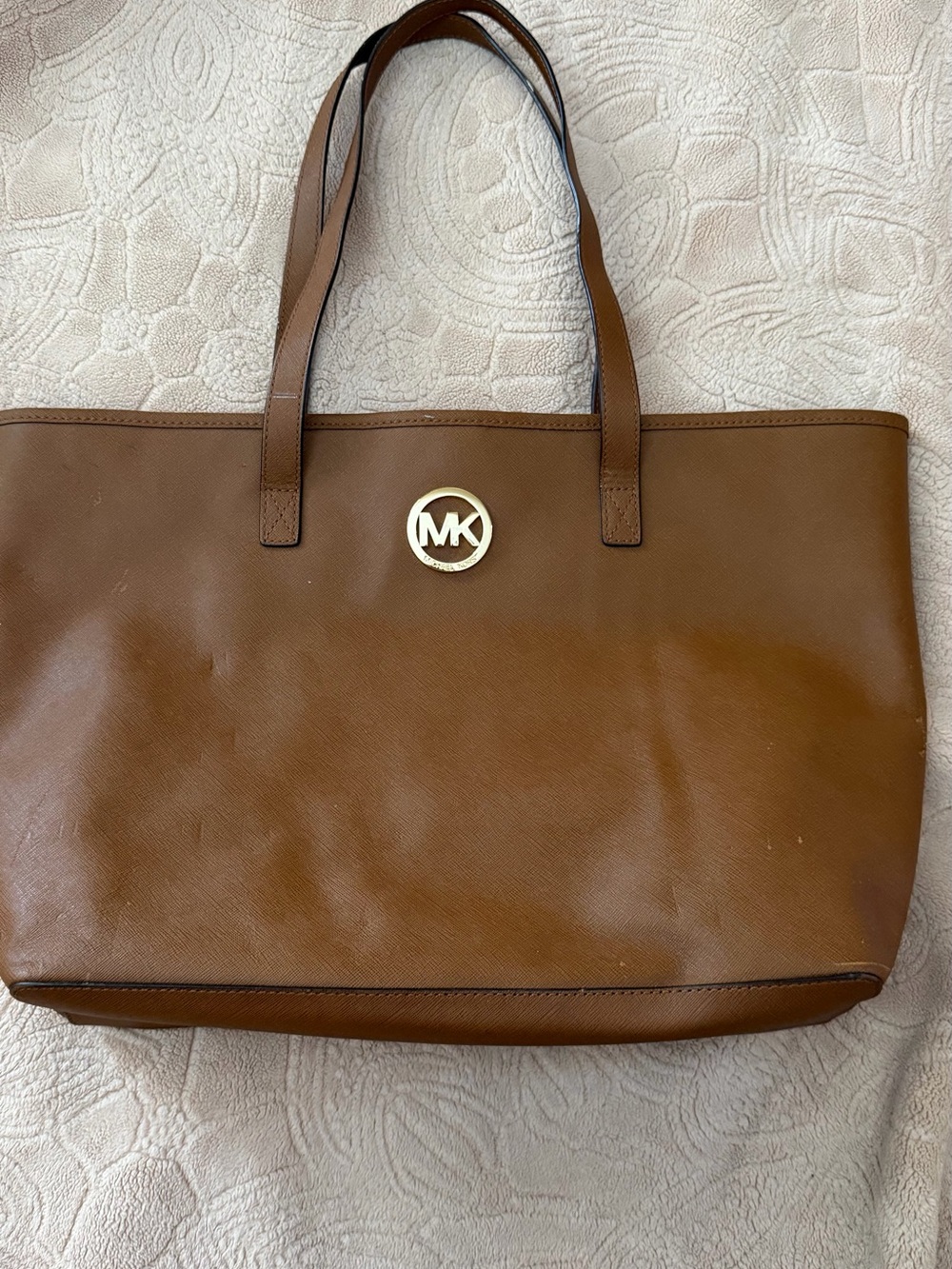 Michael Kors Brown Leather Tote with Gold MK Medallion